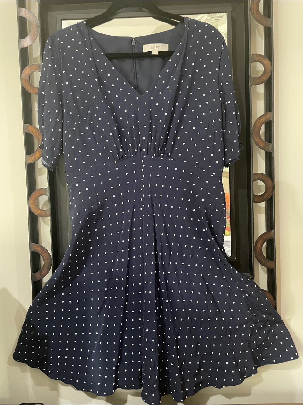LOFT Navy and White Polka Dot V-Neck Fit & Flare Dress